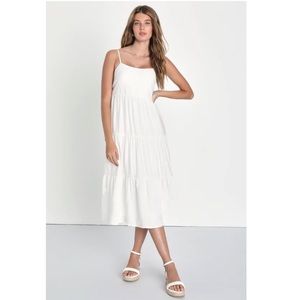 Lulu’s Sunshine on Me White Tiered Tie-Back Midi Dress 🤍